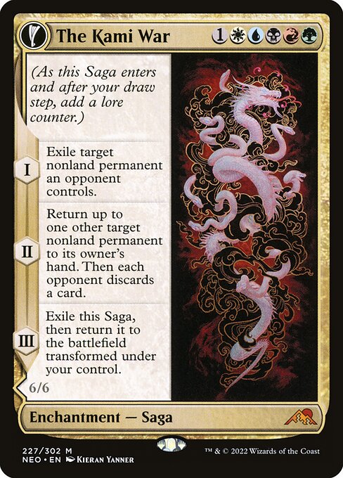 (As this Saga enters and after your draw step, add a lore counter.)
I — Exile target nonland permanent an opponent controls.
II — Return up to one other target nonland permanent to its owner's hand. Then each opponent discards a card.
III — Exile this Saga, then return it to the battlefield transformed under your control. O-Kagachi Made Manifest is all colors.
Flying, trample
Whenever O-Kagachi Made Manifest attacks, defending player chooses a nonland card in your graveyard. Return that card t