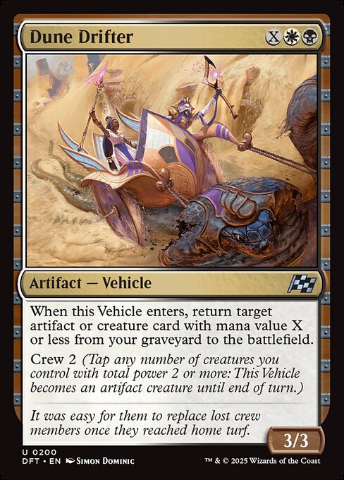 When this Vehicle enters, return target artifact or creature card with mana value X or less from your graveyard to the battlefield.
Crew 2 (Tap any number of creatures you control with total power 2 or more: This Vehicle becomes an artifact creature until end of turn.)