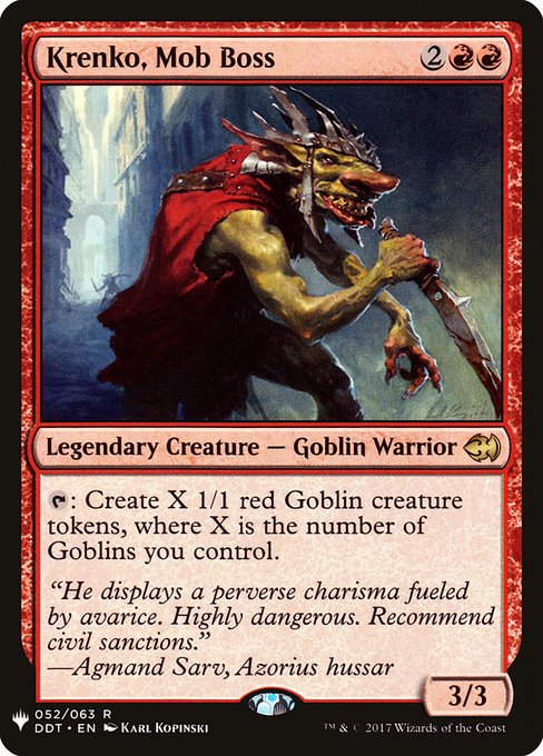 {T}: Create X 1/1 red Goblin creature tokens, where X is the number of Goblins you control.