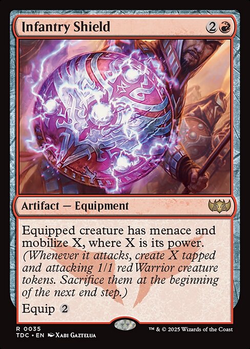Equipped creature has menace and mobilize X, where X is its power. (Whenever it attacks, create X tapped and attacking 1/1 red Warrior creature tokens. Sacrifice them at the beginning of the next end step.)
Equip {2}