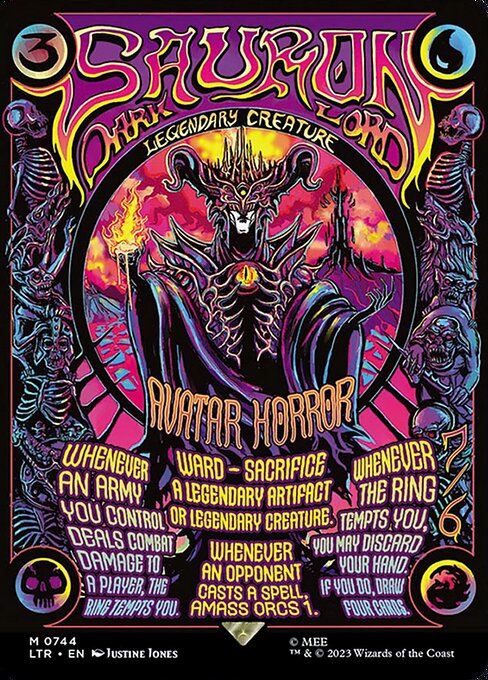 Ward—Sacrifice a legendary artifact or legendary creature.
Whenever an opponent casts a spell, amass Orcs 1.
Whenever an Army you control deals combat damage to a player, the Ring tempts you.
Whenever the Ring tempts you, you may discard your hand. If you do, draw four cards.
