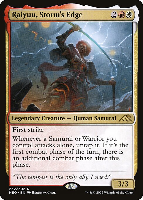 First strike
Whenever a Samurai or Warrior you control attacks alone, untap it. If it's the first combat phase of the turn, there is an additional combat phase after this phase.