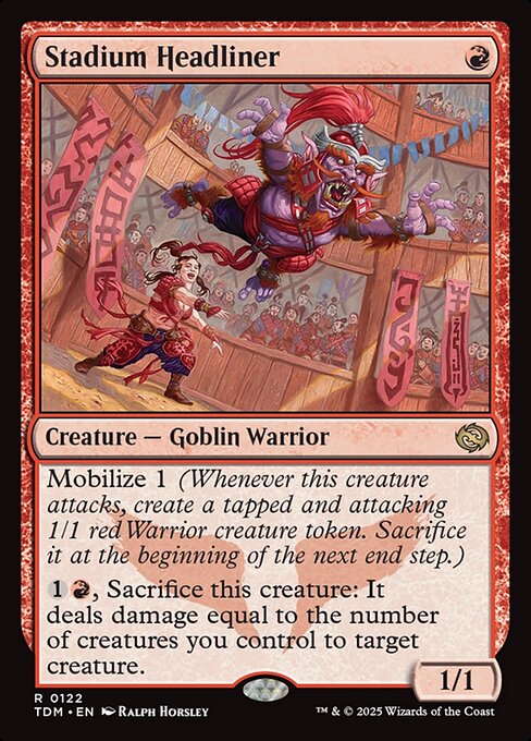 Mobilize 1 (Whenever this creature attacks, create a tapped and attacking 1/1 red Warrior creature token. Sacrifice it at the beginning of the next end step.)
{1}{R}, Sacrifice this creature: It deals damage equal to the number of creatures you control to target creature.