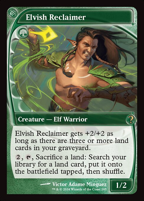 Elvish Reclaimer gets +2/+2 as long as there are three or more land cards in your graveyard.
{2}, {T}, Sacrifice a land: Search your library for a land card, put it onto the battlefield tapped, then shuffle.