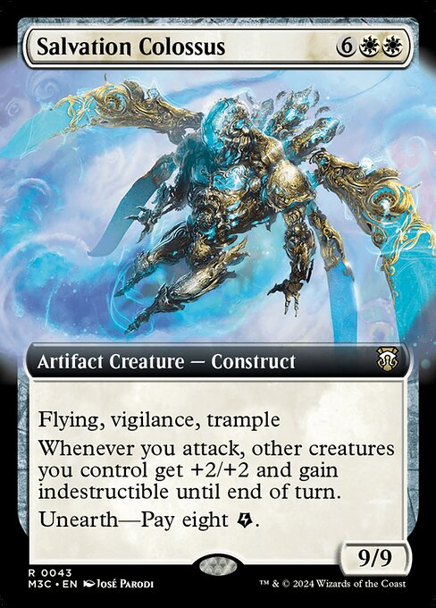 Flying, vigilance, trample
Whenever you attack, other creatures you control get +2/+2 and gain indestructible until end of turn.
Unearth—Pay eight {E}. (Pay eight energy counters: Return this card from your graveyard to the battlefield. It gains haste. Exile it at the beginning of the next end step or if it would leave the battlefield. Unearth only as a sorcery.)