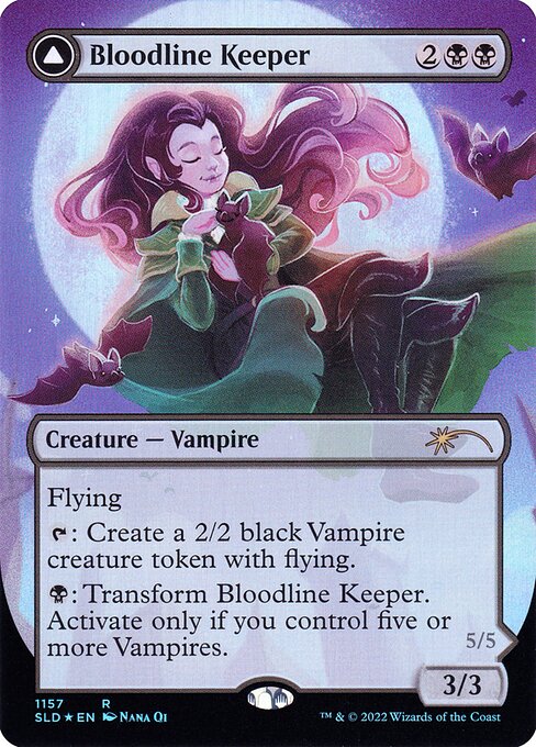 Flying
{T}: Create a 2/2 black Vampire creature token with flying.
{B}: Transform Bloodline Keeper. Activate only if you control five or more Vampires. Flying
Other Vampire creatures you control get +2/+2.
{T}: Create a 2/2 black Vampire creature token with flying.