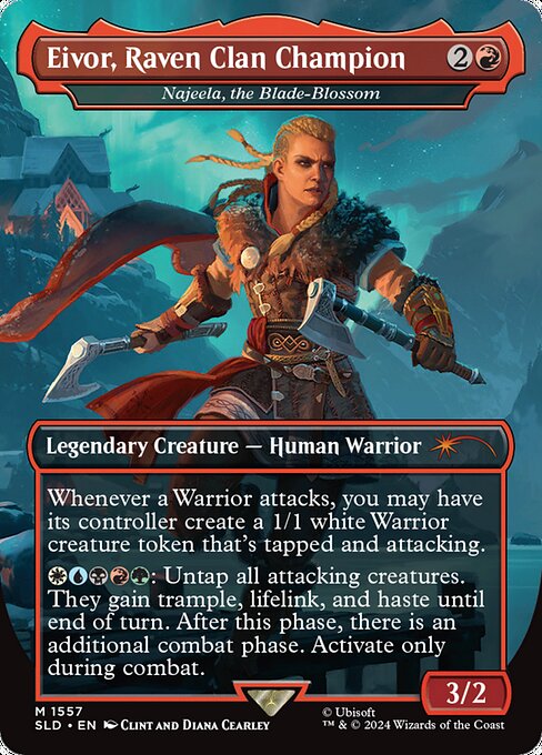 Whenever a Warrior attacks, you may have its controller create a 1/1 white Warrior creature token that's tapped and attacking.
{W}{U}{B}{R}{G}: Untap all attacking creatures. They gain trample, lifelink, and haste until end of turn. After this phase, there is an additional combat phase. Activate only during combat.