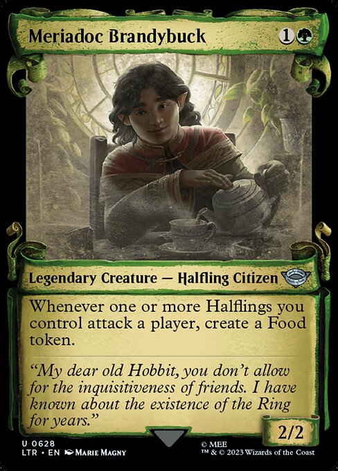 Whenever one or more Halflings you control attack a player, create a Food token. (It's an artifact with "{2}, {T}, Sacrifice this artifact: You gain 3 life.")