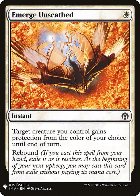Target creature you control gains protection from the color of your choice until end of turn.
Rebound (If you cast this spell from your hand, exile it as it resolves. At the beginning of your next upkeep, you may cast this card from exile without paying its mana cost.)