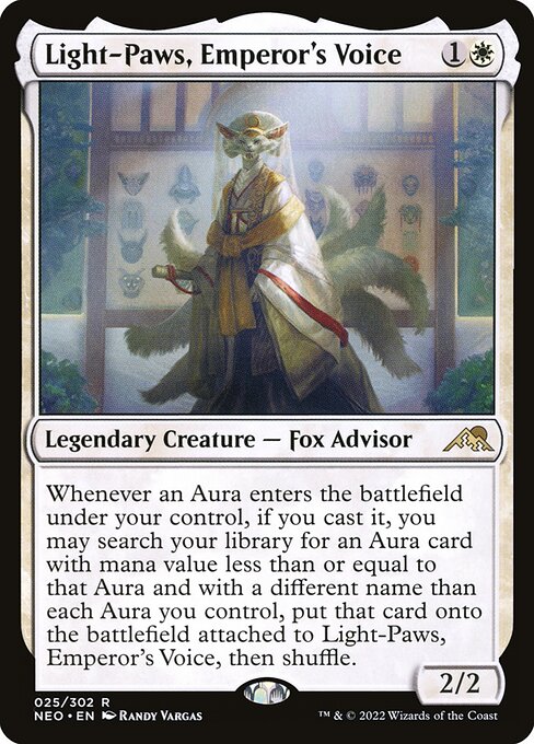 Whenever an Aura enters the battlefield under your control, if you cast it, you may search your library for an Aura card with mana value less than or equal to that Aura and with a different name than each Aura you control, put that card onto the battlefield attached to Light-Paws, Emperor's Voice, then shuffle.