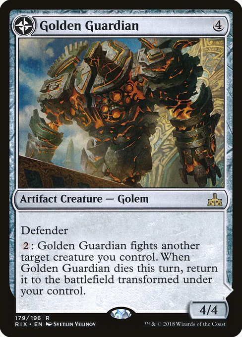 Defender
{2}: Golden Guardian fights another target creature you control. When Golden Guardian dies this turn, return it to the battlefield transformed under your control. (Transforms from Golden Guardian.)
{T}: Add two mana of any one color.
{4}, {T}: Create a 4/4 colorless Golem artifact creature token.