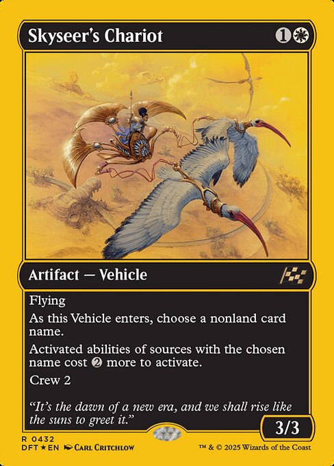 Flying
As this Vehicle enters, choose a nonland card name.
Activated abilities of sources with the chosen name cost {2} more to activate.
Crew 2