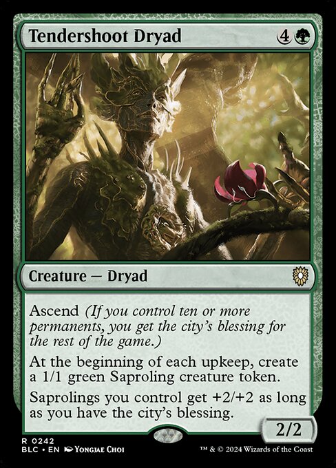 Ascend (If you control ten or more permanents, you get the city's blessing for the rest of the game.)
At the beginning of each upkeep, create a 1/1 green Saproling creature token.
Saprolings you control get +2/+2 as long as you have the city's blessing.