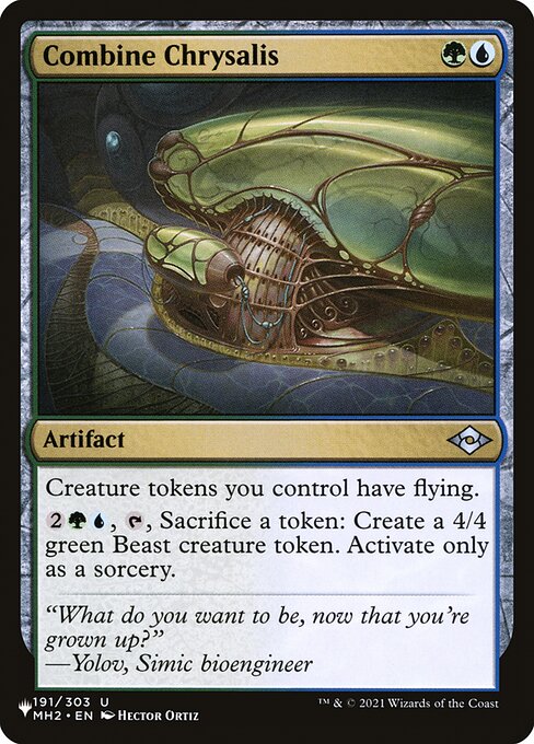 Creature tokens you control have flying.
{2}{G}{U}, {T}, Sacrifice a token: Create a 4/4 green Beast creature token. Activate only as a sorcery.