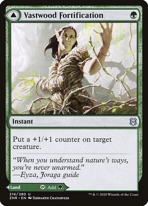 Put a +1/+1 counter on target creature. Vastwood Thicket enters the battlefield tapped.
{T}: Add {G}.