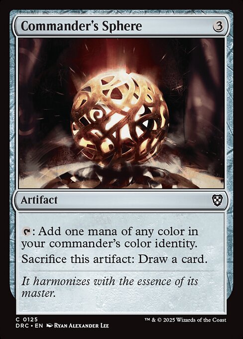 {T}: Add one mana of any color in your commander's color identity.
Sacrifice this artifact: Draw a card.