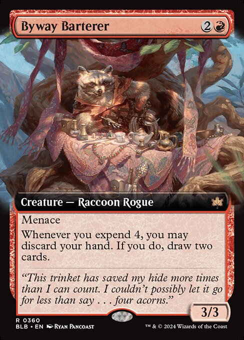 Menace
Whenever you expend 4, you may discard your hand. If you do, draw two cards. (You expend 4 as you spend your fourth total mana to cast spells during a turn.)