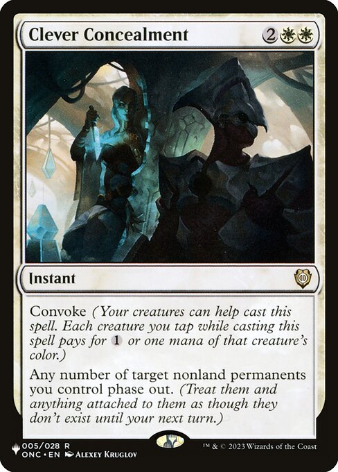 Convoke (Your creatures can help cast this spell. Each creature you tap while casting this spell pays for {1} or one mana of that creature's color.)
Any number of target nonland permanents you control phase out. (Treat them and anything attached to them as though they don't exist until your next turn.)