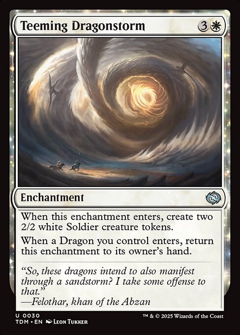 When this enchantment enters, create two 2/2 white Soldier creature tokens.
When a Dragon you control enters, return this enchantment to its owner's hand.