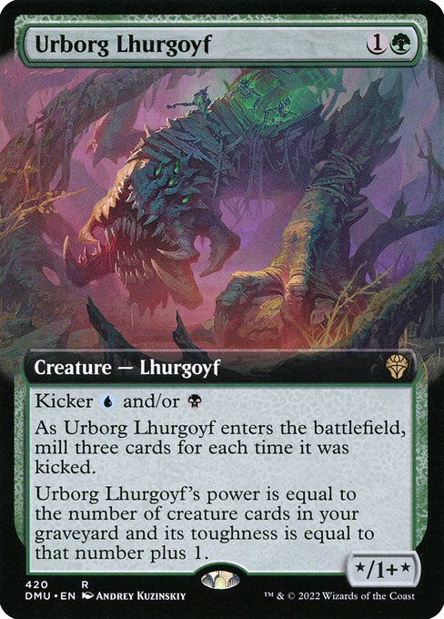 Kicker {U} and/or {B} (You may pay an additional {U} and/or {B} as you cast this spell.)
As Urborg Lhurgoyf enters the battlefield, mill three cards for each time it was kicked.
Urborg Lhurgoyf's power is equal to the number of creature cards in your graveyard and its toughness is equal to that number plus 1.