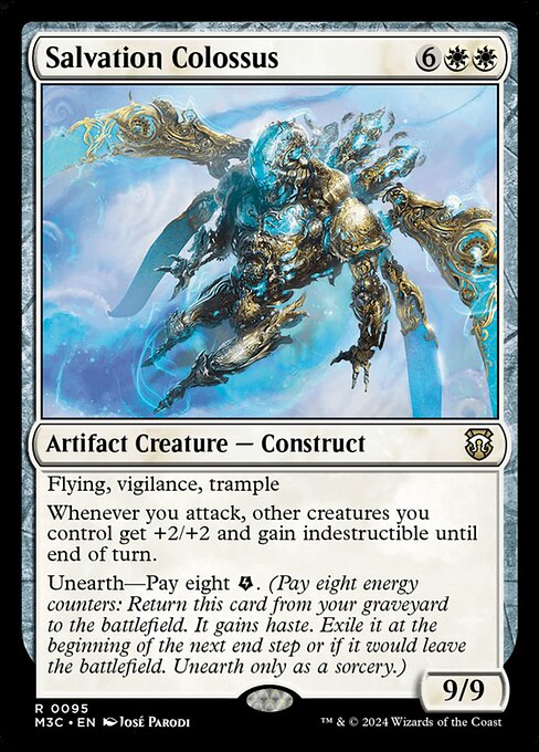 Flying, vigilance, trample
Whenever you attack, other creatures you control get +2/+2 and gain indestructible until end of turn.
Unearth—Pay eight {E}. (Pay eight energy counters: Return this card from your graveyard to the battlefield. It gains haste. Exile it at the beginning of the next end step or if it would leave the battlefield. Unearth only as a sorcery.)