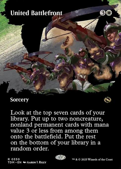 Look at the top seven cards of your library. Put up to two noncreature, nonland permanent cards with mana value 3 or less from among them onto the battlefield. Put the rest on the bottom of your library in a random order.