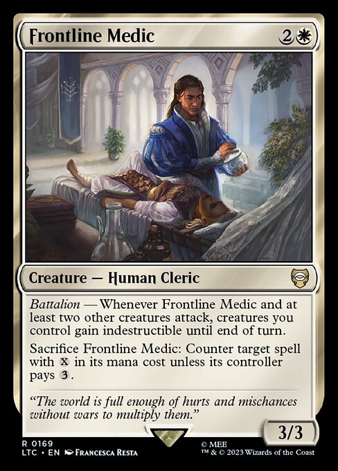Battalion — Whenever Frontline Medic and at least two other creatures attack, creatures you control gain indestructible until end of turn.
Sacrifice Frontline Medic: Counter target spell with {X} in its mana cost unless its controller pays {3}.