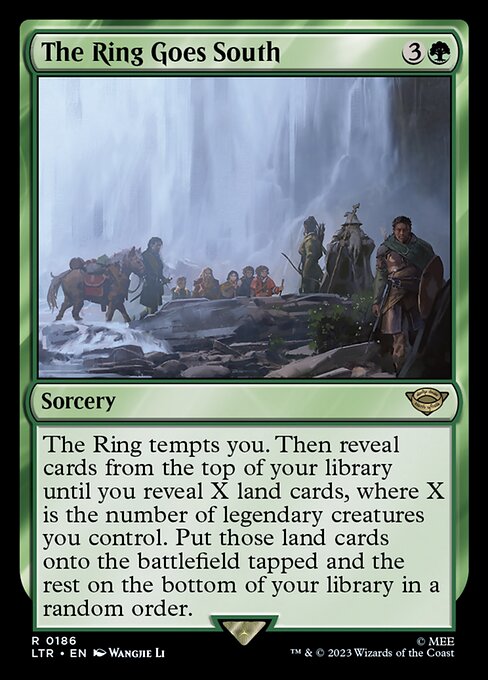 The Ring tempts you. Then reveal cards from the top of your library until you reveal X land cards, where X is the number of legendary creatures you control. Put those land cards onto the battlefield tapped and the rest on the bottom of your library in a random order.