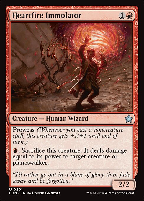 Prowess (Whenever you cast a noncreature spell, this creature gets +1/+1 until end of turn.)
{R}, Sacrifice this creature: It deals damage equal to its power to target creature or planeswalker.