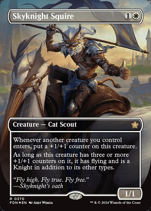 Whenever another creature you control enters, put a +1/+1 counter on this creature.
As long as this creature has three or more +1/+1 counters on it, it has flying and is a Knight in addition to its other types.