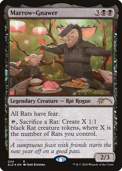 All Rats have fear.
{T}, Sacrifice a Rat: Create X 1/1 black Rat creature tokens, where X is the number of Rats you control.
