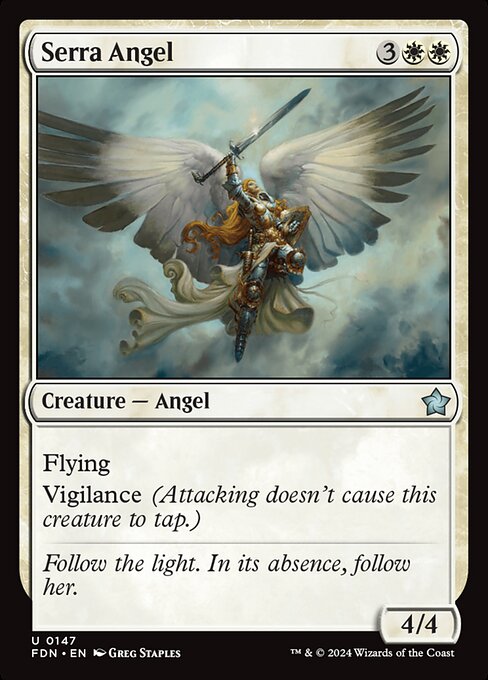 Flying
Vigilance (Attacking doesn't cause this creature to tap.)