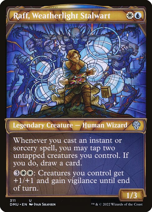 Whenever you cast an instant or sorcery spell, you may tap two untapped creatures you control. If you do, draw a card.
{3}{W}{W}: Creatures you control get +1/+1 and gain vigilance until end of turn.