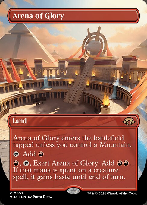 Arena of Glory enters the battlefield tapped unless you control a Mountain.
{T}: Add {R}.
{R}, {T}, Exert Arena of Glory: Add {R}{R}. If that mana is spent on a creature spell, it gains haste until end of turn. (An exerted permanent won't untap during your next untap step.)