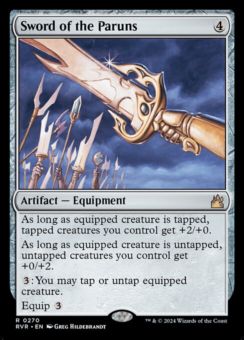 As long as equipped creature is tapped, tapped creatures you control get +2/+0.
As long as equipped creature is untapped, untapped creatures you control get +0/+2.
{3}: You may tap or untap equipped creature.
Equip {3}
