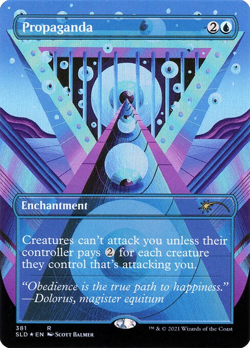 Creatures can't attack you unless their controller pays {2} for each creature they control that's attacking you. Creatures can't attack you unless their controller pays {2} for each creature they control that's attacking you.