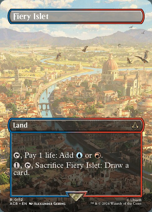 {T}, Pay 1 life: Add {U} or {R}.
{1}, {T}, Sacrifice Fiery Islet: Draw a card.
