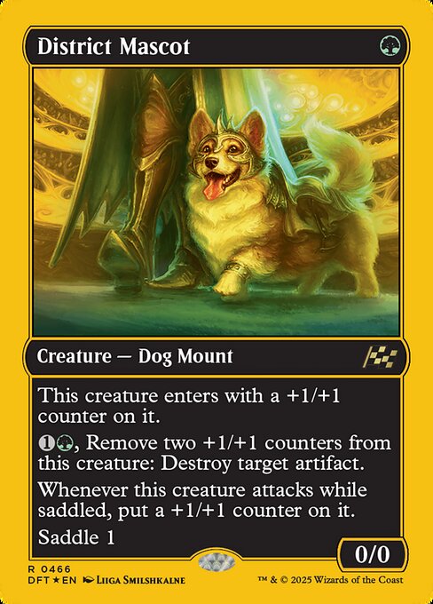 This creature enters with a +1/+1 counter on it.
{1}{G}, Remove two +1/+1 counters from this creature: Destroy target artifact.
Whenever this creature attacks while saddled, put a +1/+1 counter on it.
Saddle 1