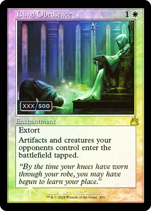 Extort (Whenever you cast a spell, you may pay {W/B}. If you do, each opponent loses 1 life and you gain that much life.)
Artifacts and creatures your opponents control enter tapped.