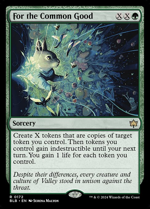 Create X tokens that are copies of target token you control. Then tokens you control gain indestructible until your next turn. You gain 1 life for each token you control.