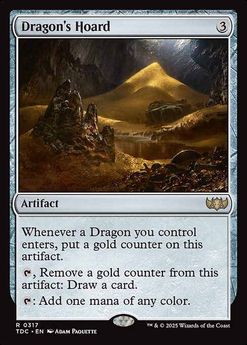 Whenever a Dragon you control enters, put a gold counter on this artifact.
{T}, Remove a gold counter from this artifact: Draw a card.
{T}: Add one mana of any color.