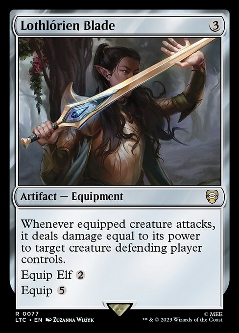 Whenever equipped creature attacks, it deals damage equal to its power to target creature defending player controls.
Equip Elf {2}
Equip {5}