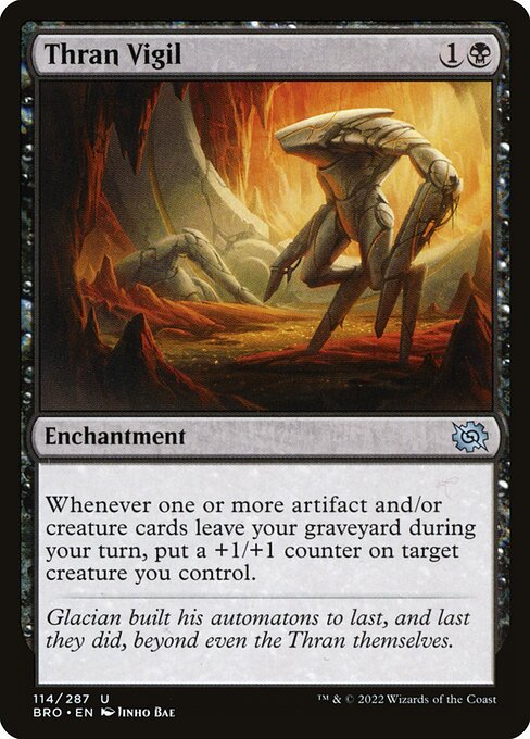 Whenever one or more artifact and/or creature cards leave your graveyard during your turn, put a +1/+1 counter on target creature you control.
