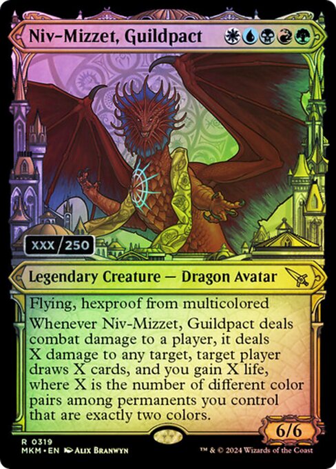 Flying, hexproof from multicolored
Whenever Niv-Mizzet, Guildpact deals combat damage to a player, it deals X damage to any target, target player draws X cards, and you gain X life, where X is the number of different color pairs among permanents you control that are exactly two colors.