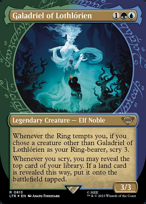 Whenever the Ring tempts you, if you chose a creature other than Galadriel of Lothlórien as your Ring-bearer, scry 3.
Whenever you scry, you may reveal the top card of your library. If a land card is revealed this way, put it onto the battlefield tapped.