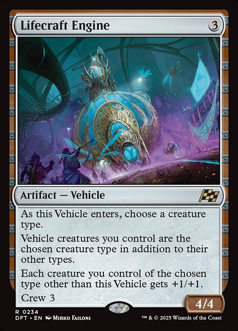 As this Vehicle enters, choose a creature type.
Vehicle creatures you control are the chosen creature type in addition to their other types.
Each creature you control of the chosen type other than this Vehicle gets +1/+1.
Crew 3