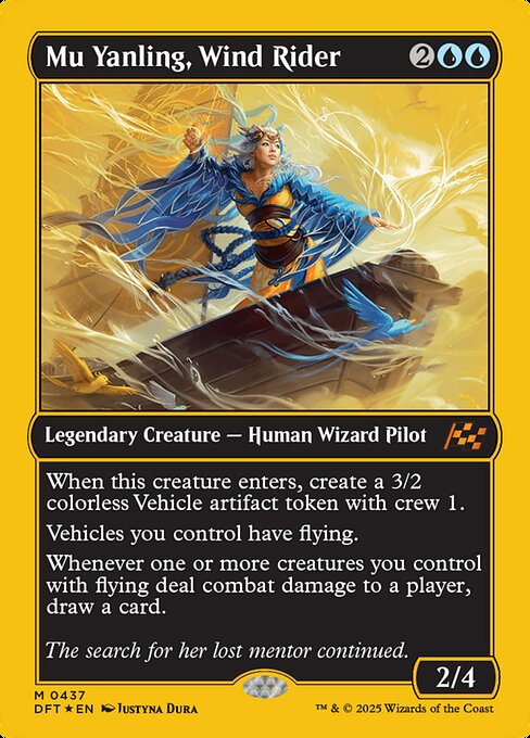 When this creature enters, create a 3/2 colorless Vehicle artifact token with crew 1.
Vehicles you control have flying.
Whenever one or more creatures you control with flying deal combat damage to a player, draw a card.