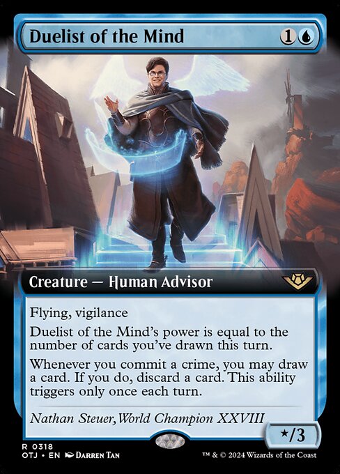 Flying, vigilance
Duelist of the Mind's power is equal to the number of cards you've drawn this turn.
Whenever you commit a crime, you may draw a card. If you do, discard a card. This ability triggers only once each turn.
