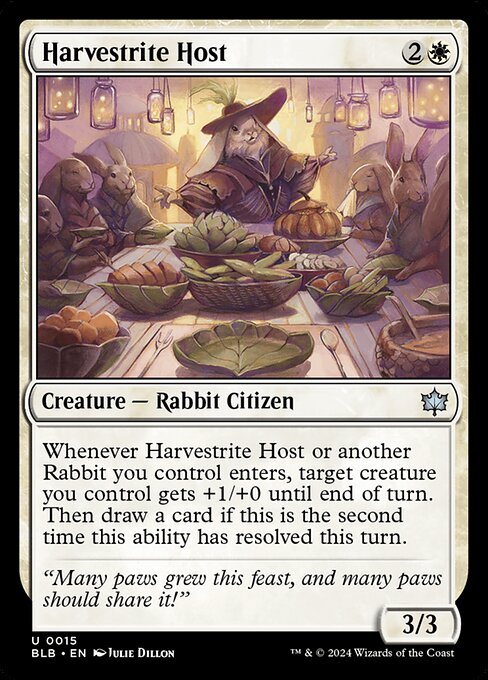 Whenever Harvestrite Host or another Rabbit you control enters, target creature you control gets +1/+0 until end of turn. Then draw a card if this is the second time this ability has resolved this turn.