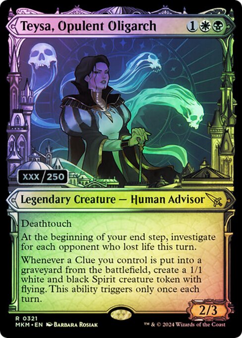Deathtouch
At the beginning of your end step, investigate for each opponent who lost life this turn.
Whenever a Clue you control is put into a graveyard from the battlefield, create a 1/1 white and black Spirit creature token with flying. This ability triggers only once each turn.